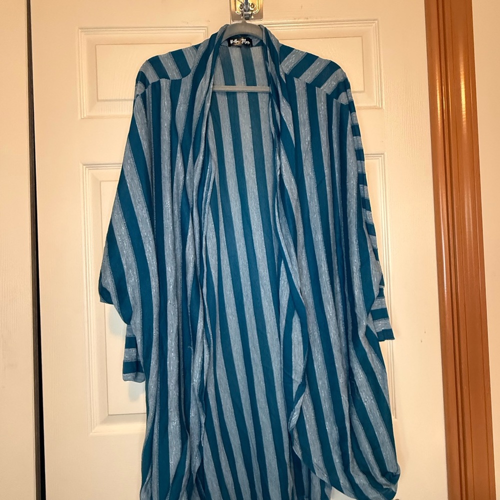 Bella Flor Teal Striped Cocoon-Style Kimono/Duster - 2X
